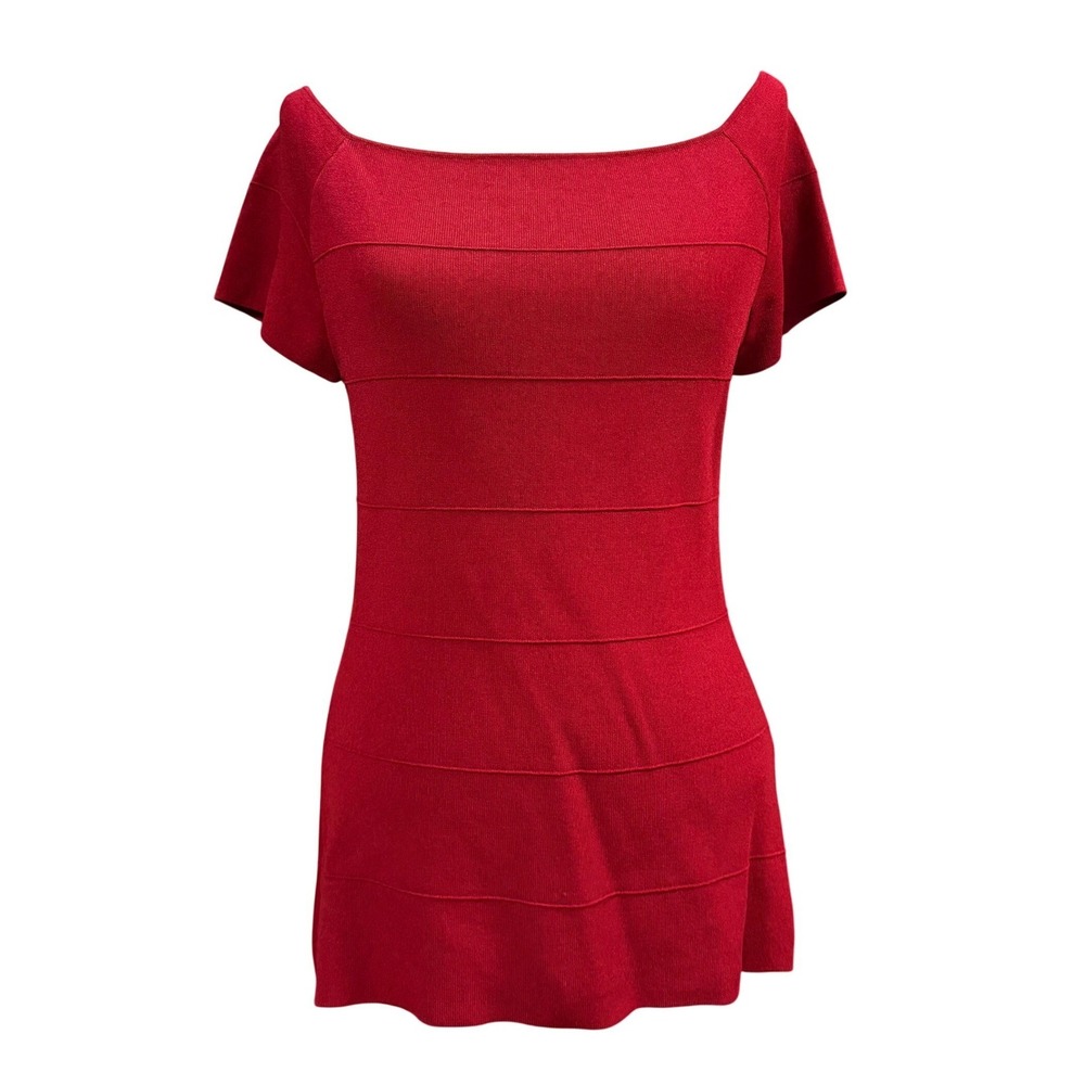 Max Edition L Red Bandage Top Tiered Boat Neck Cap Sleeve Knit Date Night Sexy